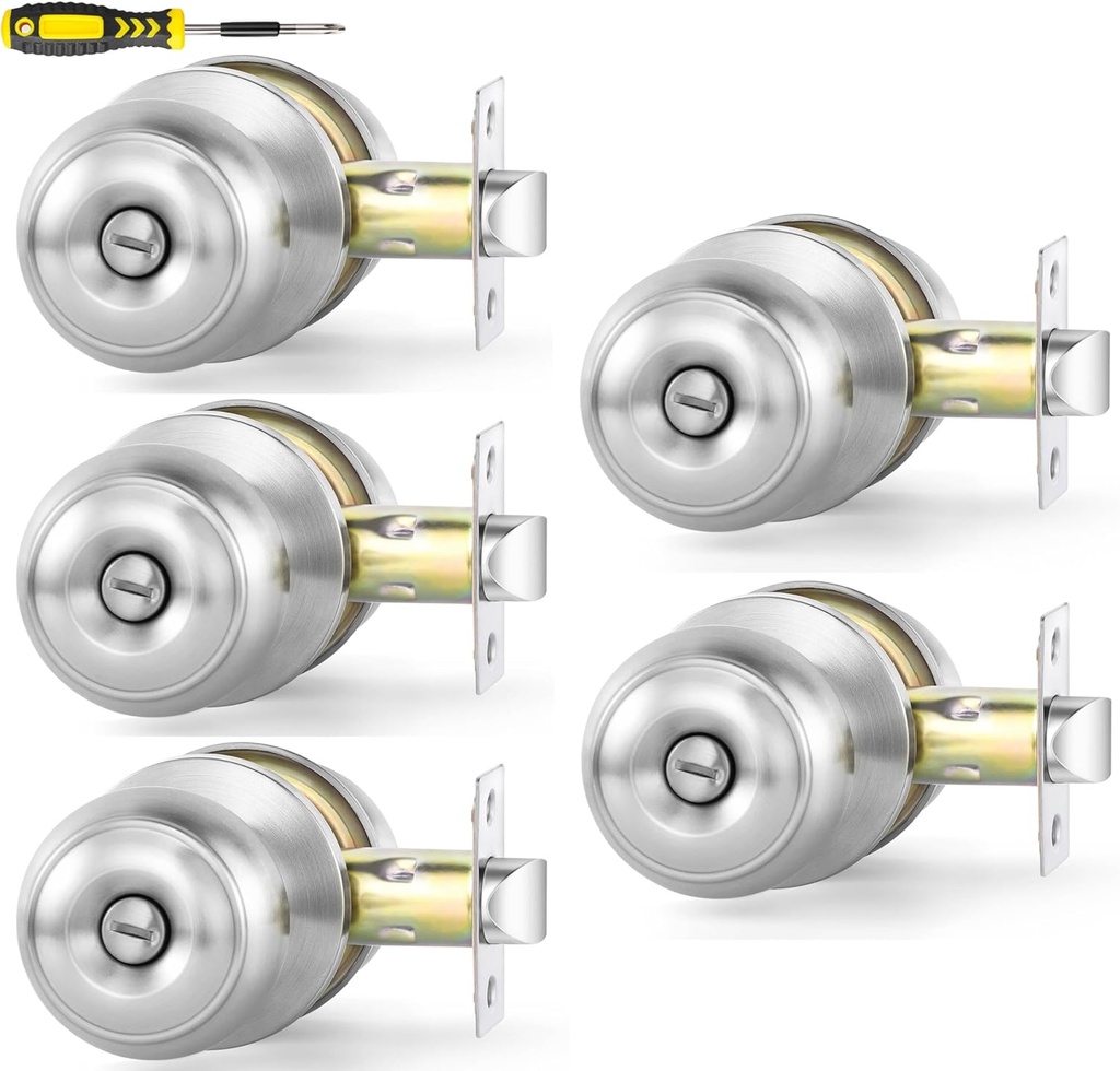 Lanwandeng 5 Pack Interior Door Knobs for Bedroom or Bathroom Keyless, Brushed Nickel Privacy Door Knob, Round Ball Bath/Bed Door Locks
