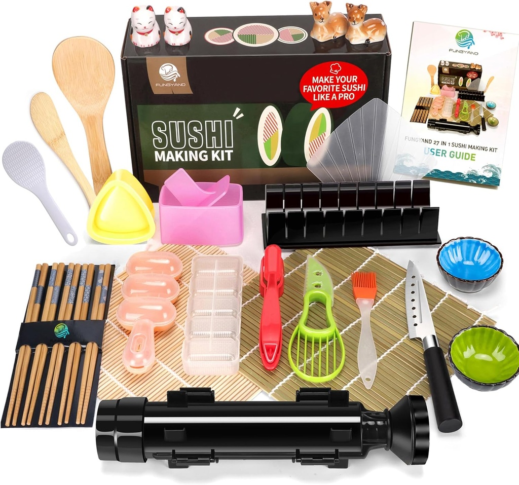 FUNGYAND Sushi Making Kit, 27-in-1 Professional Maker Set with Bazooka Roller, Nigiri & Musubi Presses, Bamboo Mats, Knife, Chopsticks, Ceramic Dishes - Ideal for Beginners