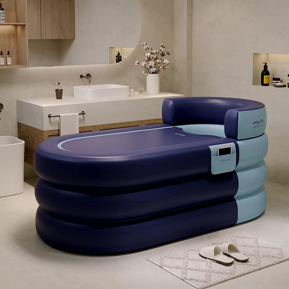 Foldable Portable Soaking Inflatable Bathtub with Electric Air Pump,Eco-Friendly Bathing Tub for Shower Stall,One-piece Bath Cover Design with Zipper, Keep Temperature Long Time (Knight Blue)