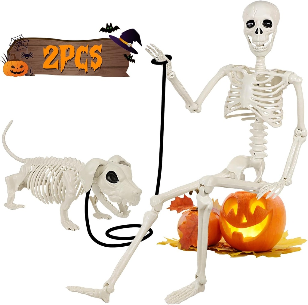 36'' Halloween Skeleton Decoration with Dog Skeleton, 3FT Posable Skeleton Realistic Plastic Bones Movable Joints for Halloween Party Yard Haunted House Props Indoor Outdoor Decor