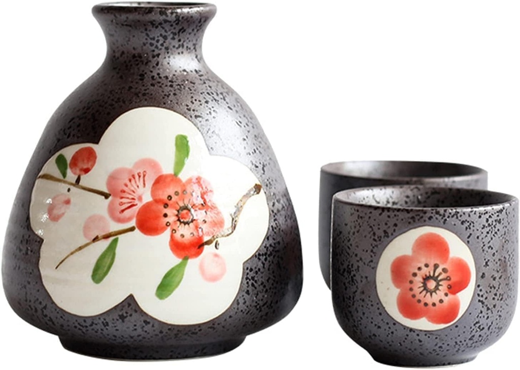 Set per Sake Tazza per Sake Set da 3 pezzi Set Regalo giapponese Ceramica Prugna Rossa 1 Bottiglia per Sake e 2 tazze per Sake