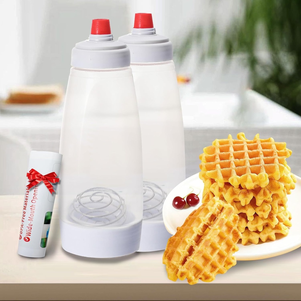 Pancake Batter Dispenser and Mixer with BlenderBall Wire Whisk Batter Bottle Squeeze Kitchen Pancake Shaker Batter Dispenser Bottle Baking Tool for Cupcake Waffles, Cake or Any Baked Goods (2PC)