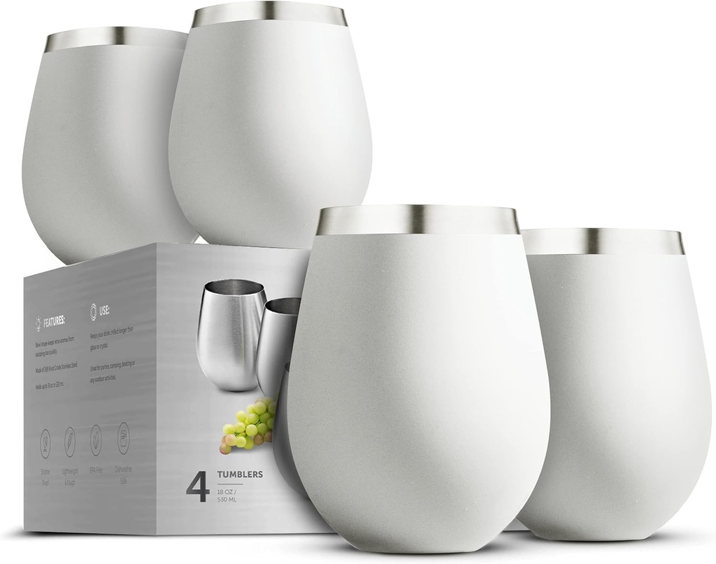 Unbreakable Wine Glasses - 18 Ounce Set of 4 Wine glasses. Premium Grade 18/8 Stainless Steel Red & White Stemless Wine Glasses set, (Pure Pearly White)