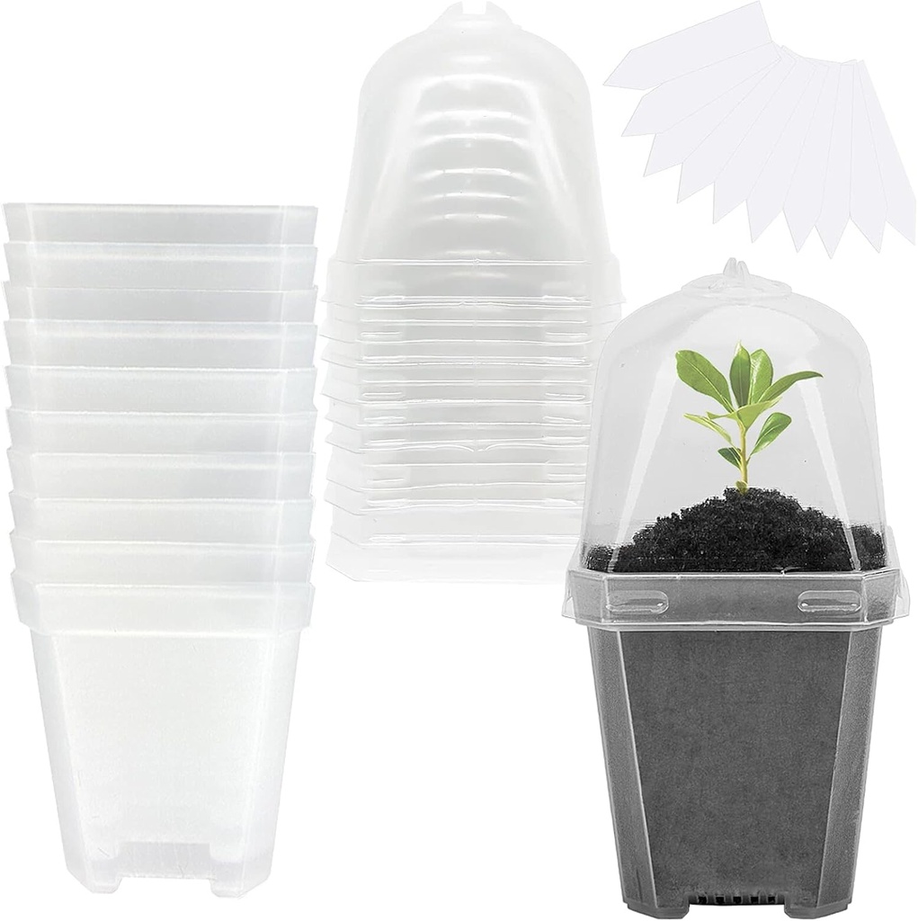 EBaokuup 10PCS Clear Plant Nursery Pots with Humidity Dome - 3" Plastic Gardening Pot with Labels, Durable Plastic Plant Container for Seedlings/Vegetables/Succulents/Cuttings