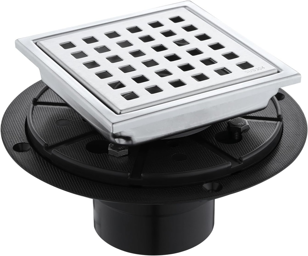Square Shower Drain 4-Inch. with ABS Flange, Removable Grille,Bathroom Brushed Stainless Steel Shower Floor Drain