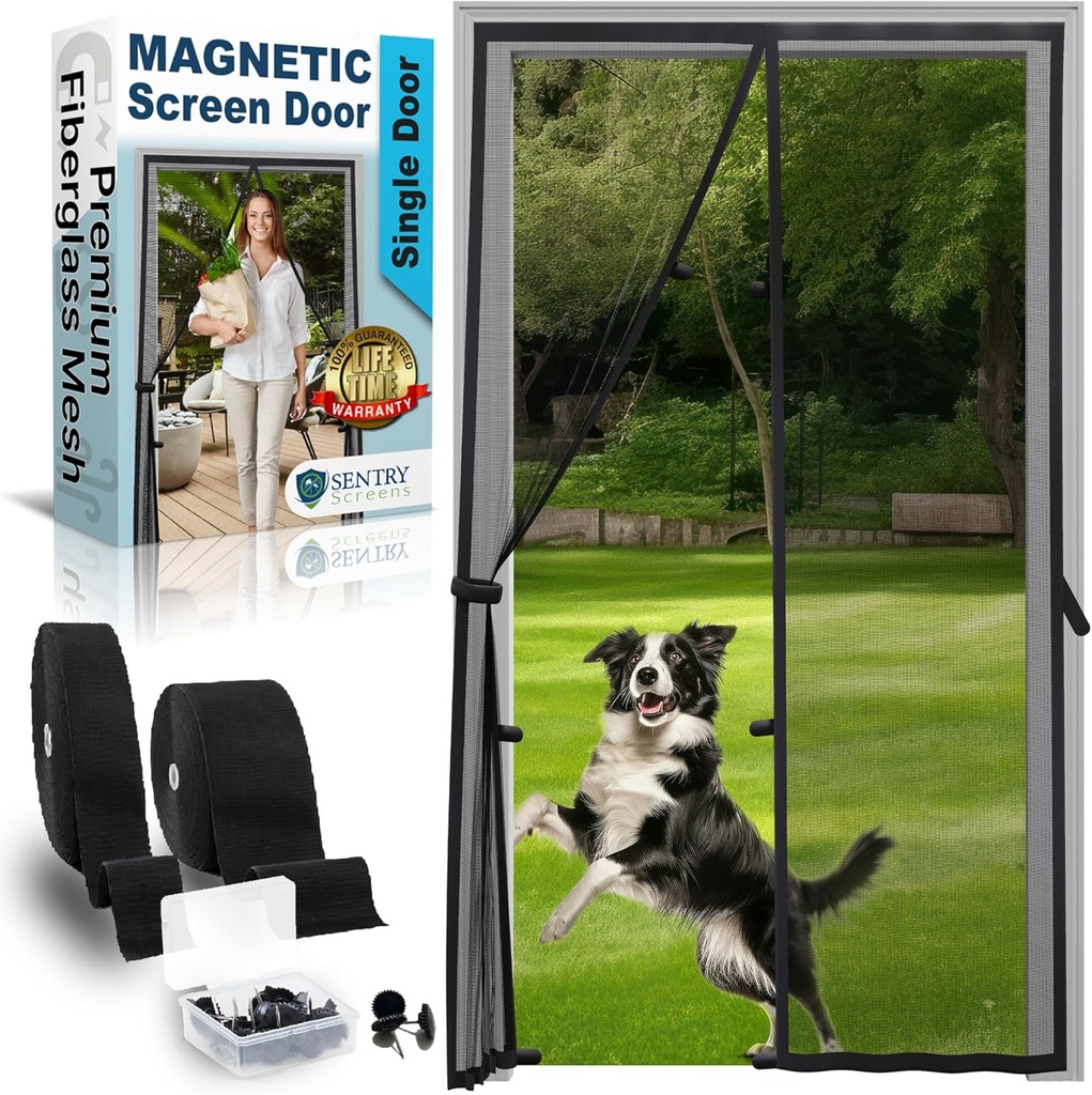 Fiberglass Mesh Magnetic Screen Door – Fits Doors Up to 34"x95" – Heavy Duty Self-Closing Hanging Door Net Screen with Magnet Closures – Black – by Sentry Screens