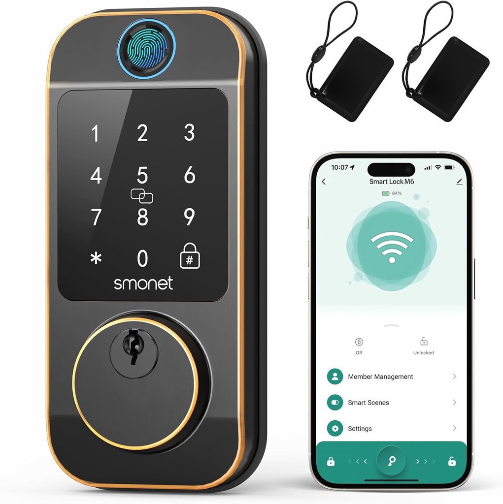 Smart Lock WiFi Fingerprint Deadbolt: SMONET Keyless Entry Front Door Locks, 10-in-1 Bluetooth Deadbolt with APP Remote Control, Touchscreen Keypad Digital Deadbolt with Auto Lock Alexa Code Fobs, ORB