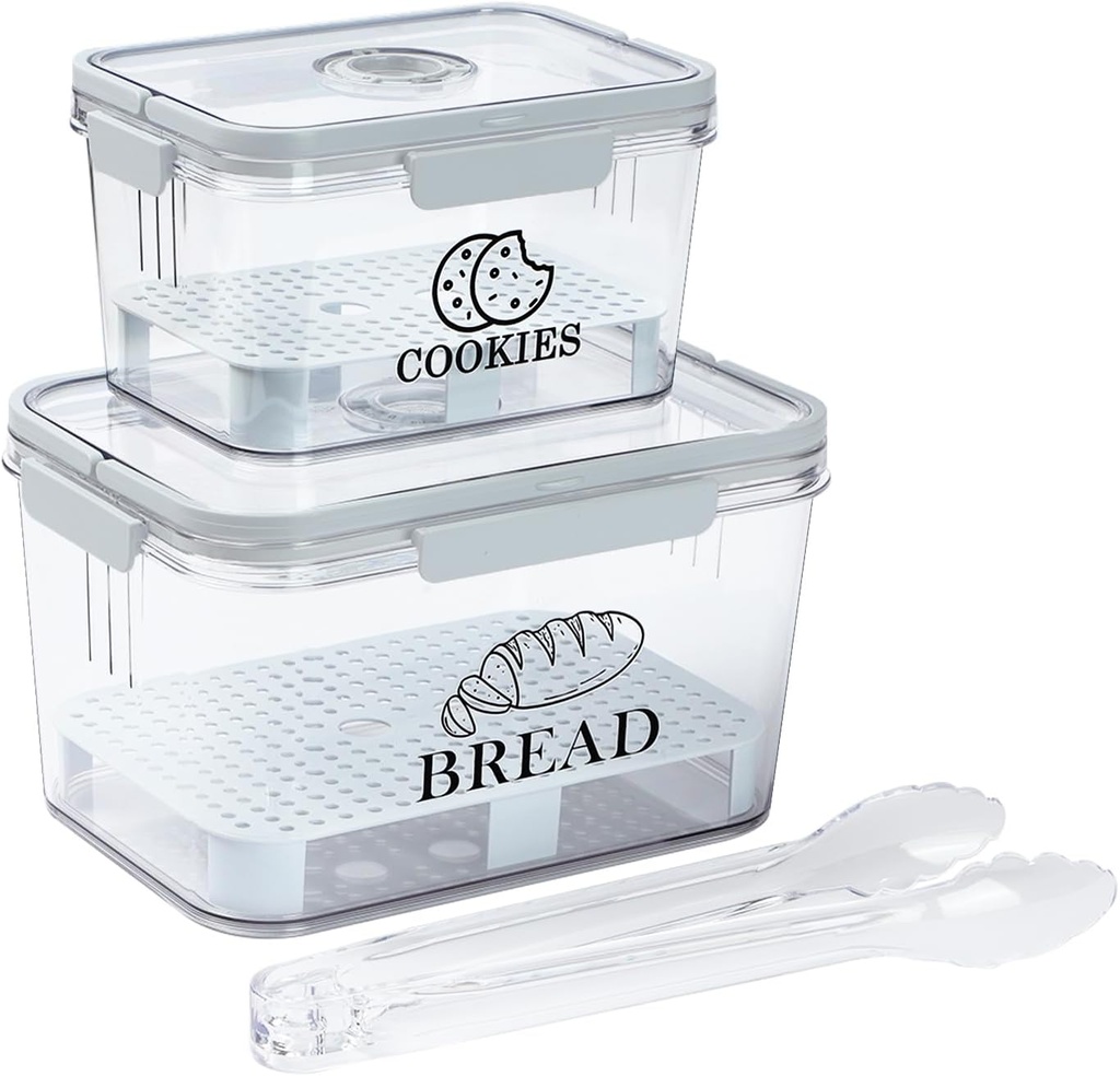 Bread Box and Cookies Container Set, Clear Bread Box for Kitchen Countertop, Biscuit Tin Bread Storage with Lid Airtight & Handles, Food Containers for Homemade Bread, Toast, Bagel and Cookies