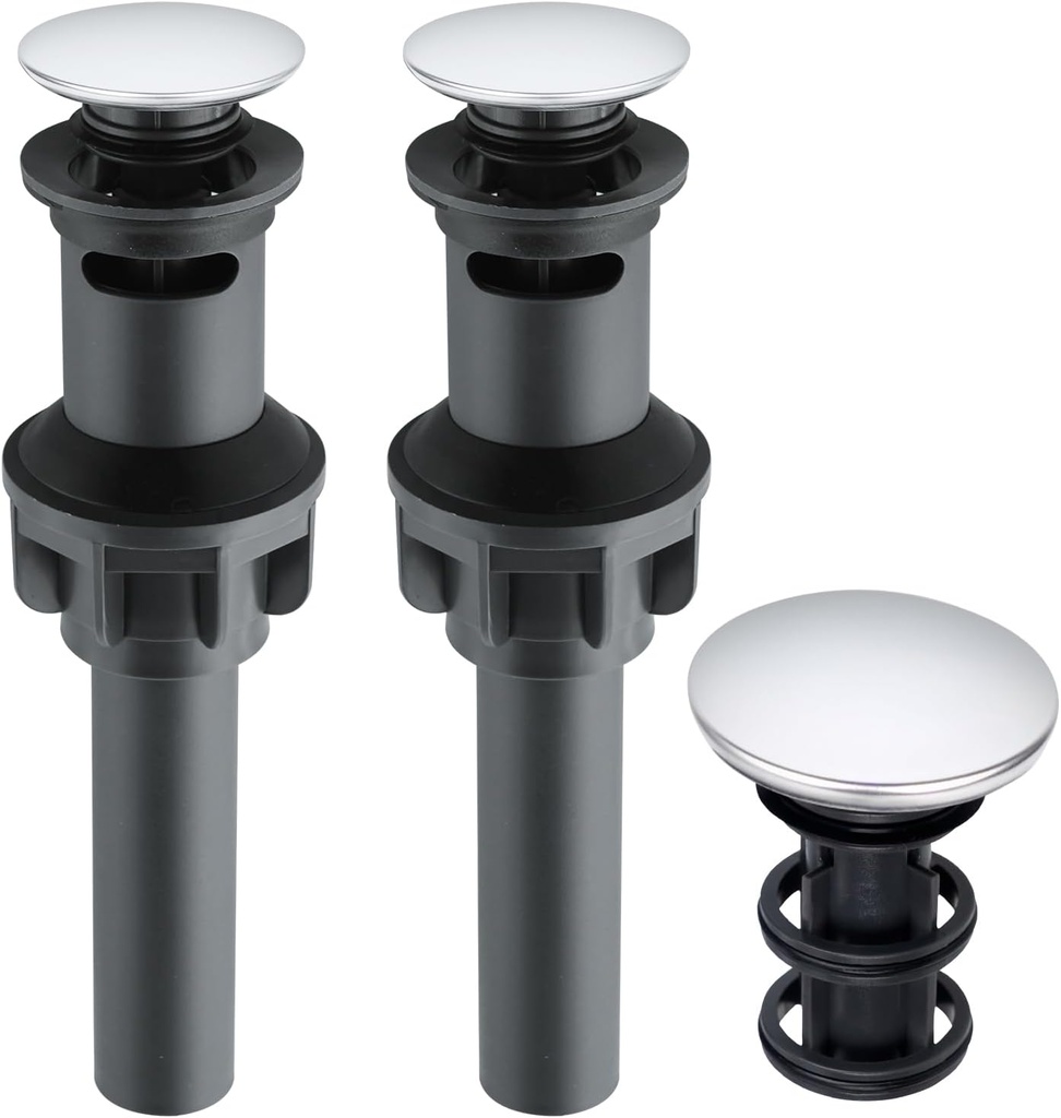 iFealClear 2 Pack Pop Up Drain Stopper with Overflow, Push and Seal Pop Up Drain Stopper for Faucet Vessel, Anti-Explosion & Anti-Clogging pop up Plunger Bathroom Sink Drain Assembly, Polished Chrome