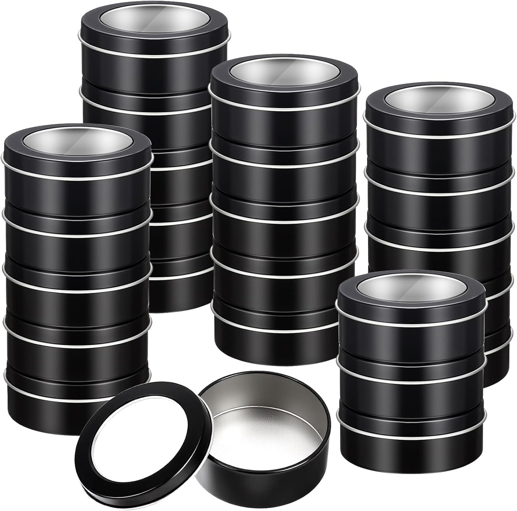 TecUnite 24 Pack 2 oz Metal Tin Container Round Empty Container Salve Tins with Clear Lid Travel Storage Cans Metal Spice Cans for Kitchen Food Storage, Office Craft, Candles, Cream