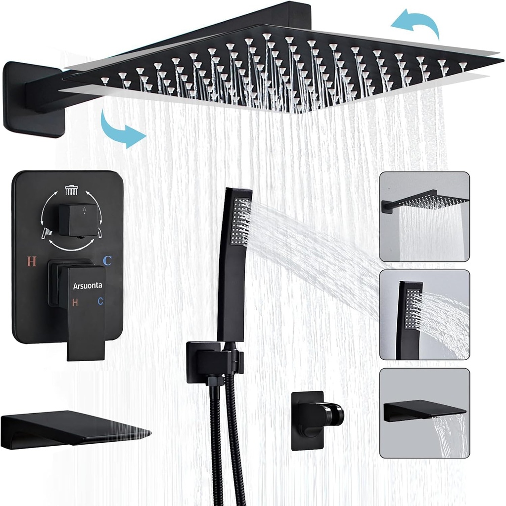10 Inch Square Black Shower Faucet Set with Tub Spout, Shower Combo System Rainfall Shower Head and Handheld Wall Mount High Pressure Balance Shower Valve Kit for Bathroom