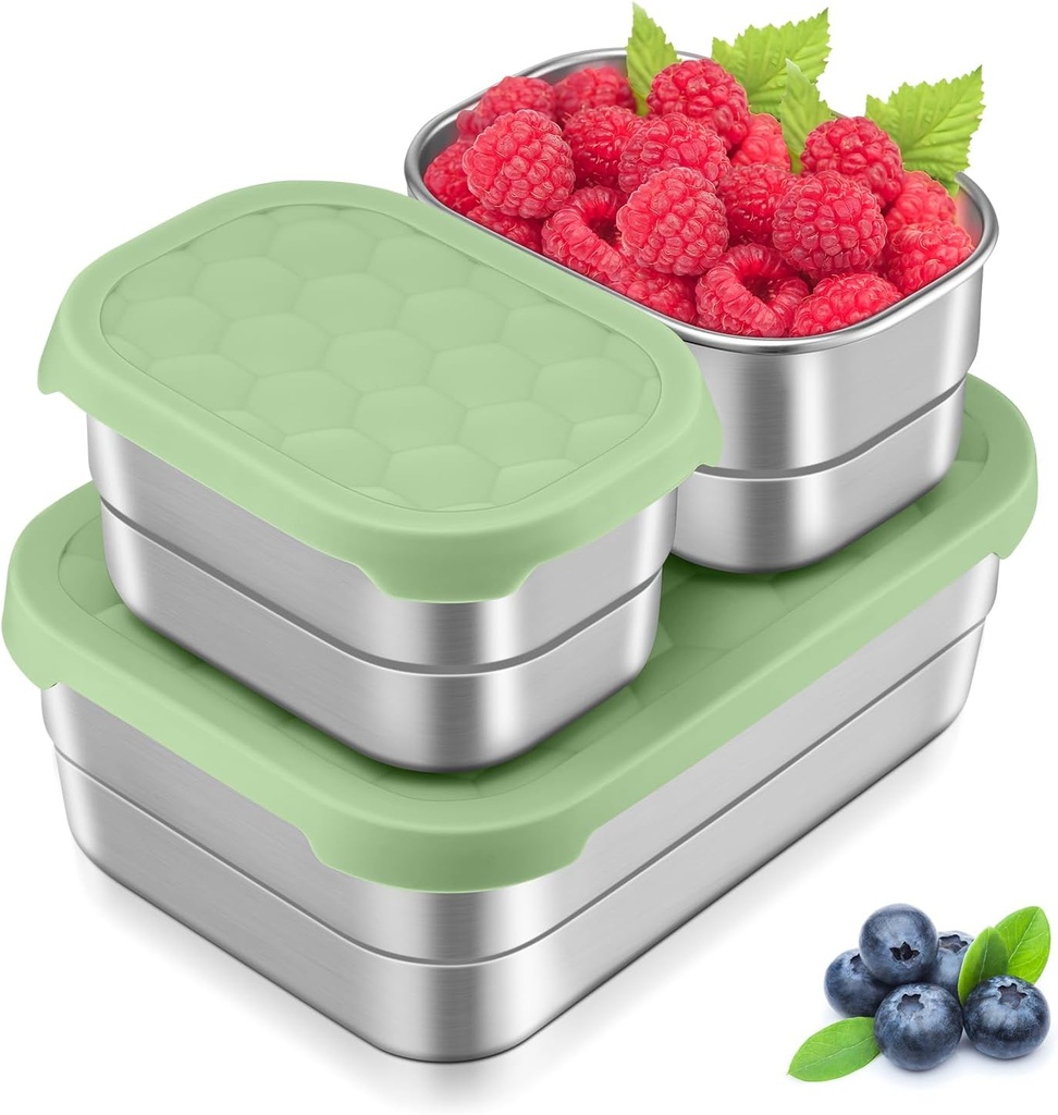 Leonyo 18/10 Stainless Steel Lunch Containers for Kids, Leak Proof Food Snack Containers with Silicone Lids, Metal Toddler Bento Box for School Daycare Picnic, Non-Toxic, Green(25oz+8oz*2)