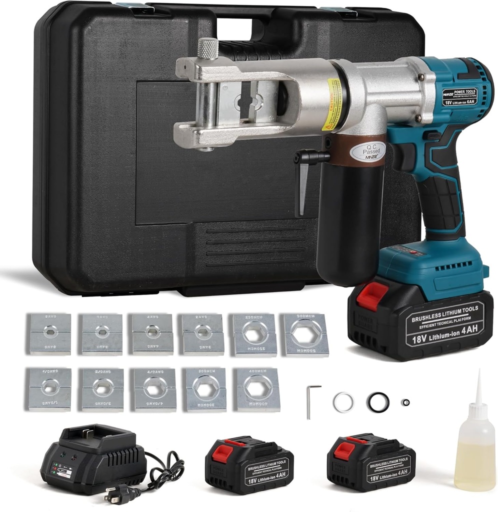 Electric Hydraulic Cable Lug Crimping Tool 8 AWG to 500 MCM Rechargeable Hydraulic Electrical Terminal Cable Lug Wire Crimping Crimper Tool Kits with 11 Dies