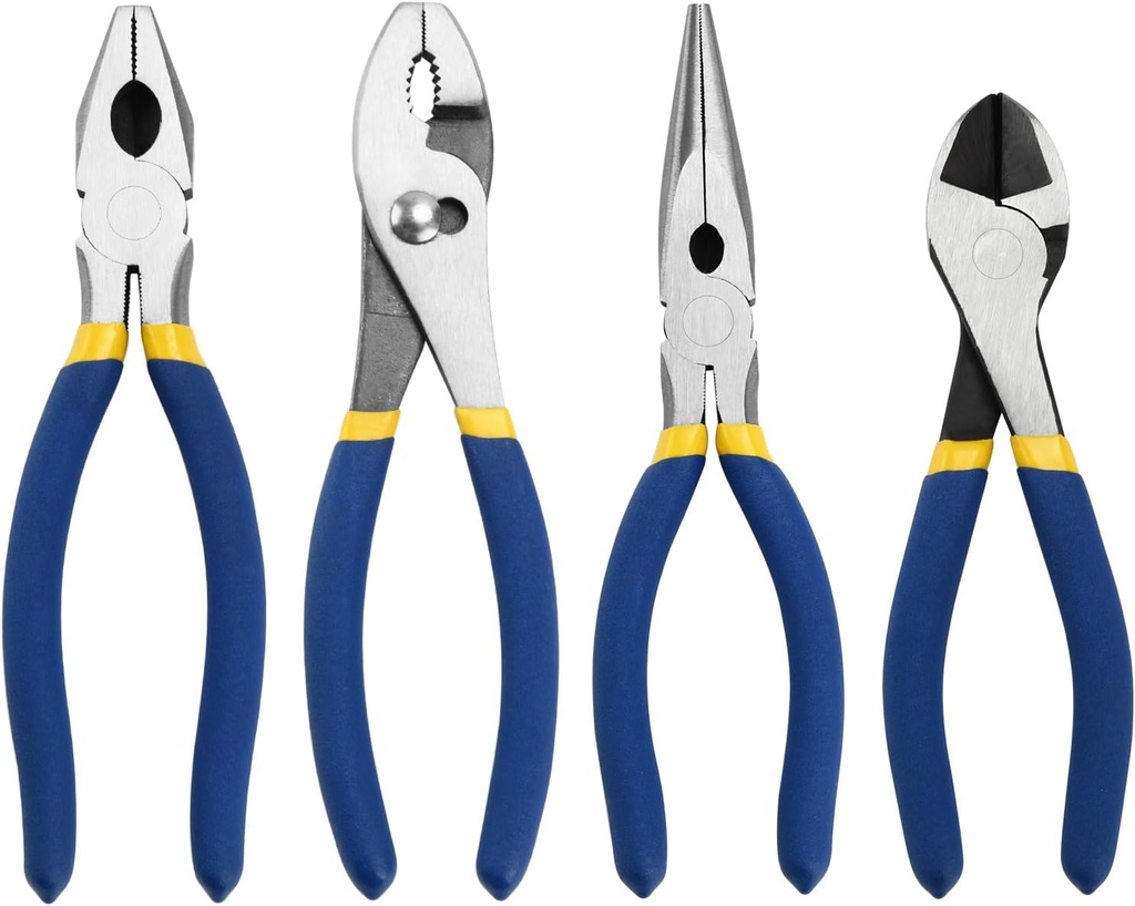 4-Piece Basic Pliers Set, 7 Inch Diagonal Pliers 8 Inch Linesman Pliers 8 Inch Long Nose Pliers 8 Inch Slip Joint Pliers Multifunctional Pliers Tool Kit for Jewelry Making Basic Repair (Blue)
