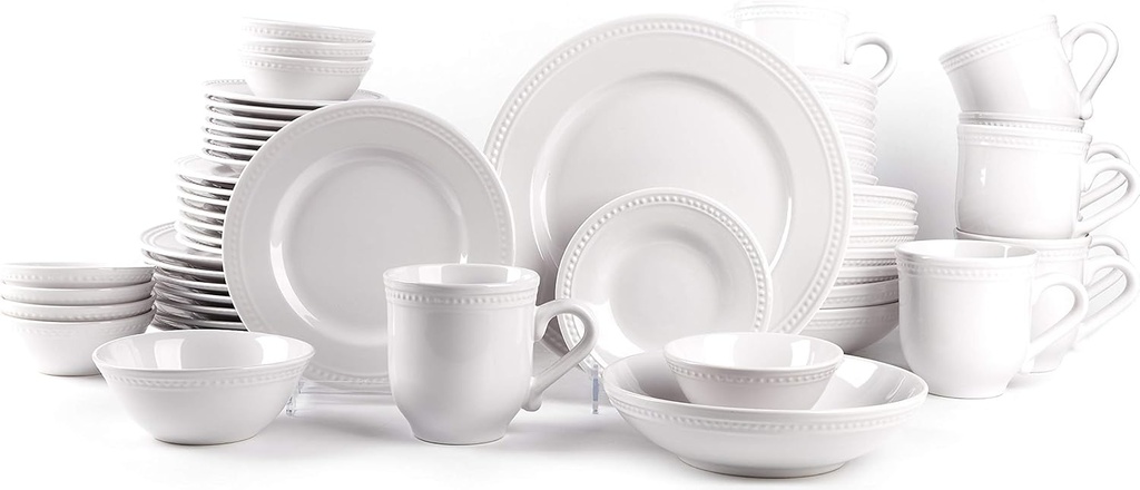 Pearl Dots Stoneware Dinnerware Set (56pc Set, White)