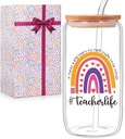 Pink 16 Oz Glass Can Tumbler with Lid and Straw - Teacher Appreciation Gifts