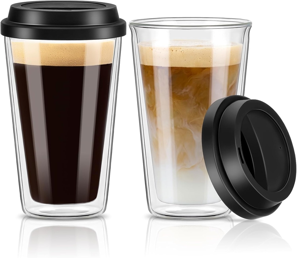 2 Packs Double Walled Glass Coffee Mugs with Silicone Lids, 12 OZ Reusable Glass Coffee Cups, Insulated Coffee Mugs, Cappuccino,Tea,Latte,Iced Coffee Cups, Glass Travel Mug, Heat Resistant