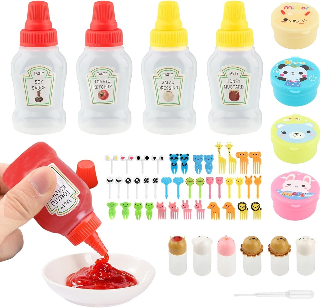 55 Pcs Lunch Bento Box Accessories, Including Mini Condiment Squeeze Bottle, Salad Dressing Condiment Box, Fruit Fork, Dropper, for Bento Camping Office Accessories