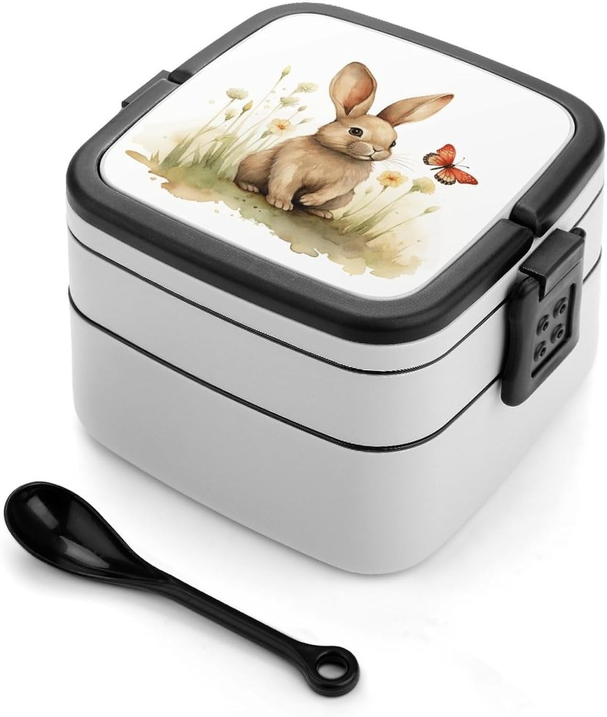 All-in-One Bento Box Stackable Leak-Proof Lunch Box With Carry Handle 2 Layer Portable Meal Prep Container Rabbit And Butterfly Lunchbox with Utensils for Dining Out Work