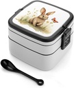 All-in-One Bento Box Stackable Leak-Proof Lunch Box With Carry Handle 2 Layer Portable Meal Prep Container Rabbit And Butterfly Lunchbox with Utensils for Dining Out Work