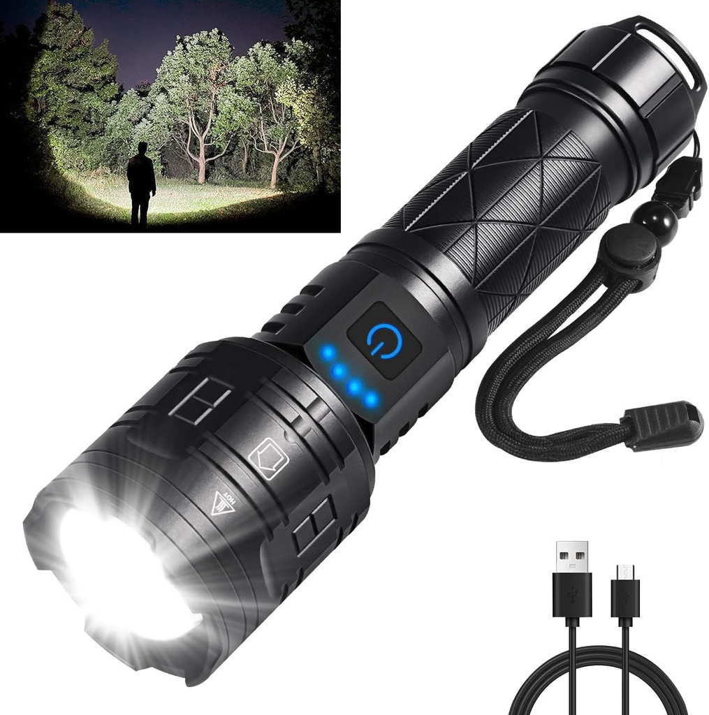 Rechargeable Flashlights High Lumens, Powerful Tactical Flashlights, 5 Modes LED Flashlight Adjustable, Brightest Flashlight Waterproof, Handheld Flash Light for Emergencies, Home, Camping, Hiking