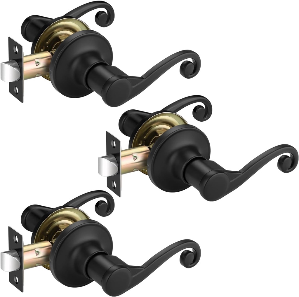 3 Pack Black Door Knobs Interior, Passage Door Handle Without Lock, Wave-Shape Hallway/Closet Door Handle, Unique Door Lever for Right-Handed Doors
