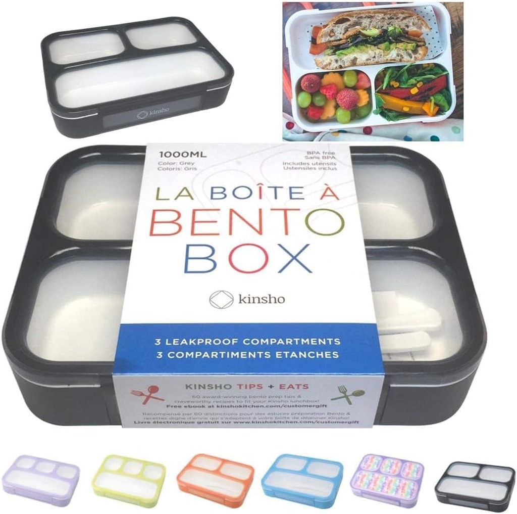 Bento Lunch Box For Adults, Kids | Leakproof Meal Prep Portion Control Boxes Japanese Style for Boys Teens 3 Compartment Slim Container For Work, School | Eco-friendly Divided Containers, Grey - Black