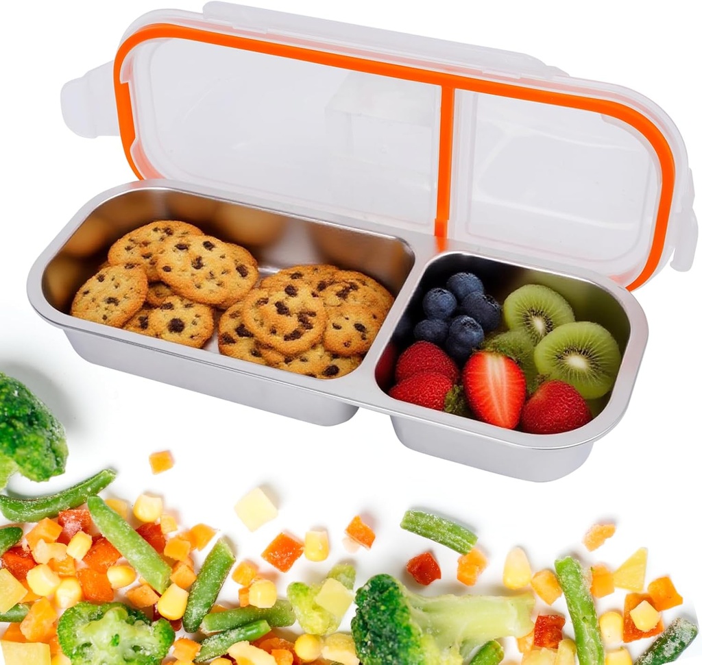 Stainless Steel Snack Containers with Lids, Reusable Condiment Storage Box, Divided Food Storage for School, Home, Travel, Multiple Compartment Leak-Proof Box (‎2 Compartment)