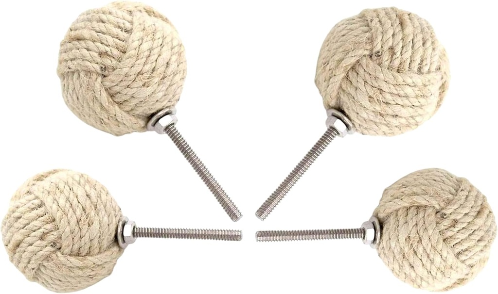 Jute Rope Door Knobs - Off White Pull and Push Handle Knobs for Cabinets, Wardrobes & Cupboards - Nautical Handmade Jute Ropes Door Knobs/Rope Knot Drawer Pulls - Home Decor Gifts (Set Of 4)