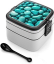 Stackable Double-Layer Bento Box Bright Aqua Blue Turquoise Adults Lunchbox with Spoon Cute Japanese Bento Box Dishwasher Safe for Work Travel Dining Outc