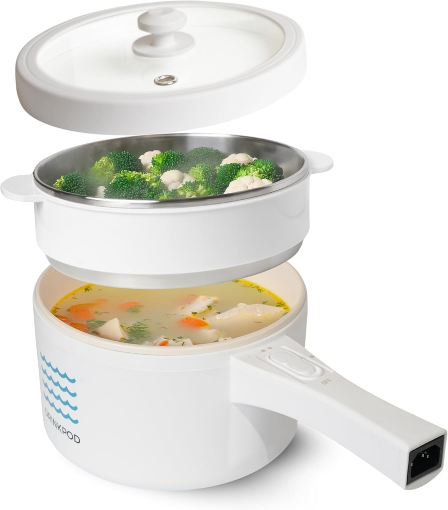 DRINKPOD 2L Electric Hot Pot with Steamer, Portable Multi Cooker for Ramen, Eggs, Soup, Oatmeal Non-Stick Mini Pot with Adjustable Temperature (WHITE)