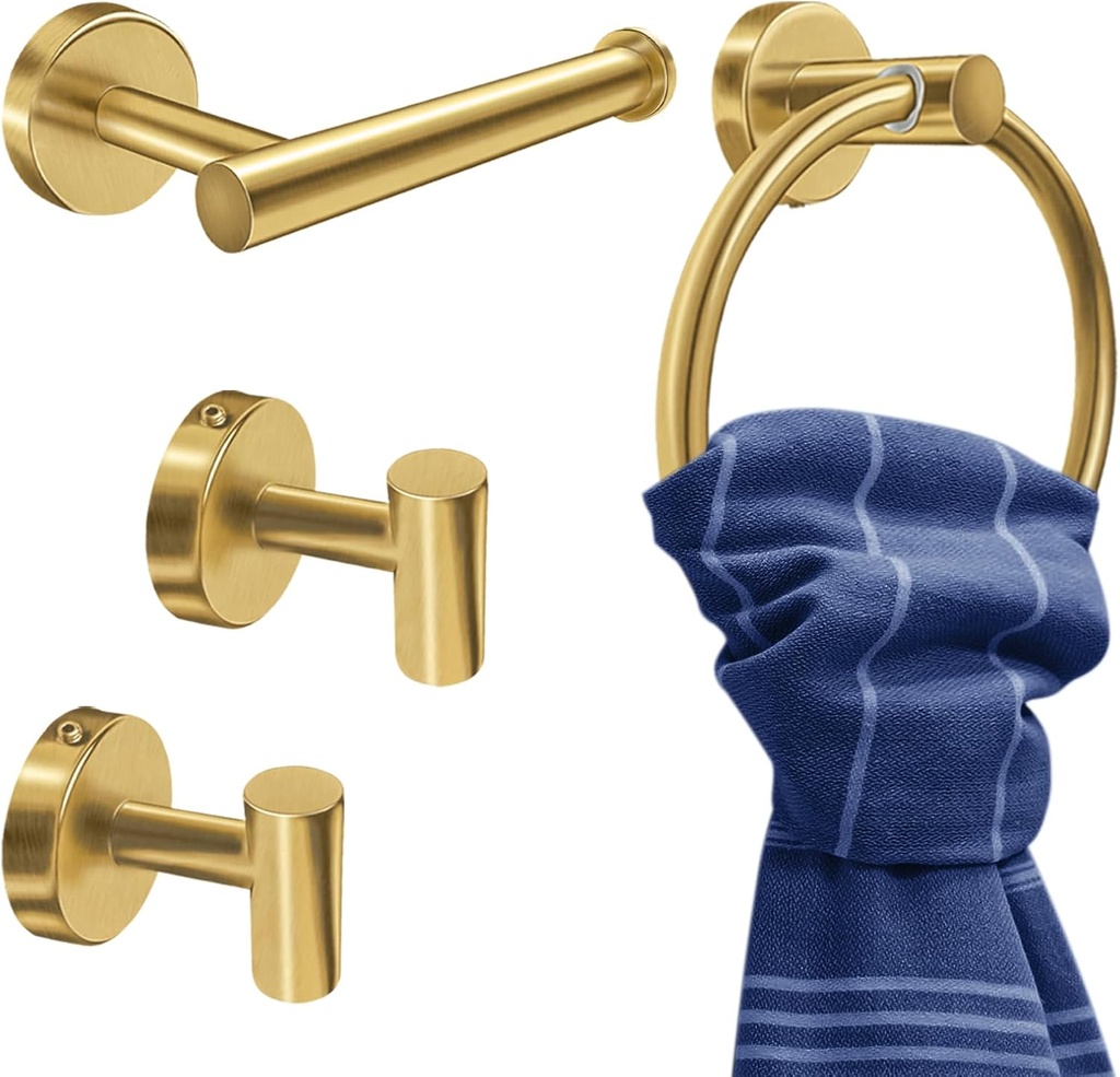 4Pcs Gold Bathroom Accessories Set, Brushed Gold Bathroom Hardware with Toilet Paper Holder,Towel Ring & Robe Hooks,Wall Mounted Stainless Steel Bathroom Hardware for Modern Home