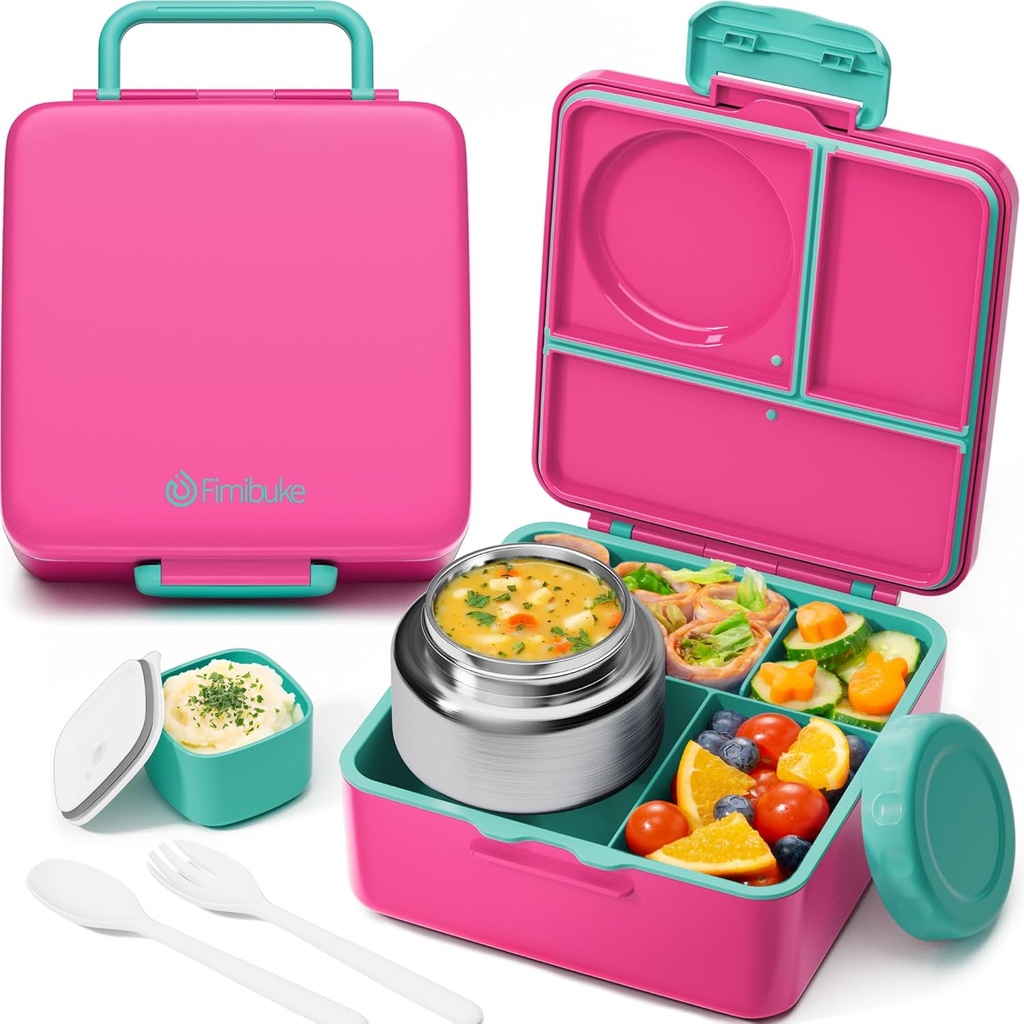 Fimibuke Bento Box for Kids Adult with Thermos, 3-4 Compartment 60OZ Toddler Lunch Box Container with Leakproof 8OZ Insulated Food Jar, Sauce Jar, Utensil for School Boy Girl, BPA-Free Dishwasher Safe