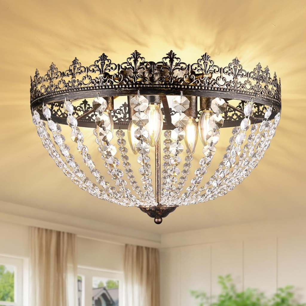Crystal Chandelier for Bedroom, 5-Light K9 Crystal Semi Flush Mount Ceiling Light, 18.5’’ Vintage Ceiling Light Chandeliers, Chandeliers for Dining Room Living Room Hallway Kitchen Bathroom Foyer Hall