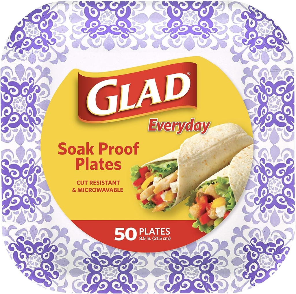 Glad Square Disposable Paper Plates for All Occasions | Soak Proof, Cut Proof, Microwaveable Heavy Duty Disposable Plates | 8.5" Diameter, 50 Count Bulk Paper Plates