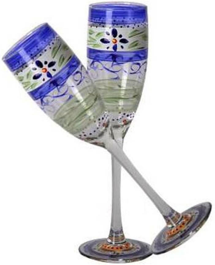 Hand Painted Champagne Flute Set of 2 - Barcelona Blue Collection - Hand Painted Glassware by USA Artists - Unique and Decorative Champagne Glasses, Kitchen Table Décor