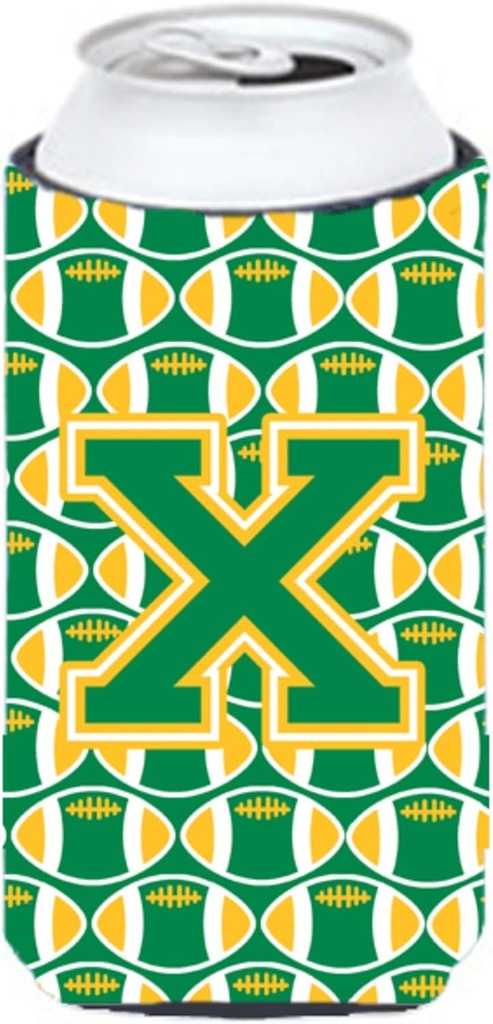 Caroline's Treasures CJ1069-XTBC Letter X Football Green and Gold Tall Boy Hugger Can Cooler Sleeve Hugger Machine Washable Drink Sleeve Hugger Collapsible Insulator Beverage Insulated Holder
