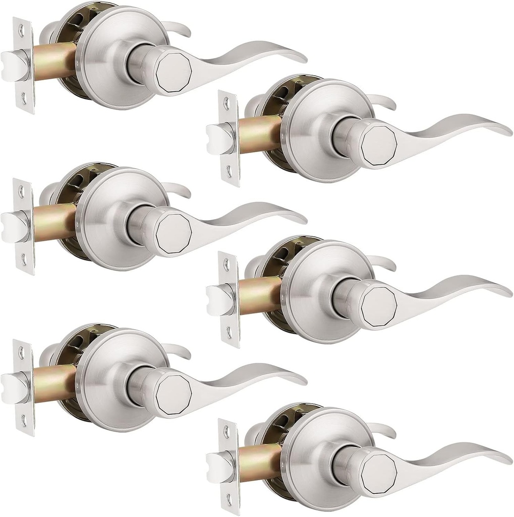 Probrico Door Handles 6 Pack Passage Door Lever, Non-Locking Door Handle Set for Hallway or Closets, Keyless Brushed Nickel Wave Door Lock