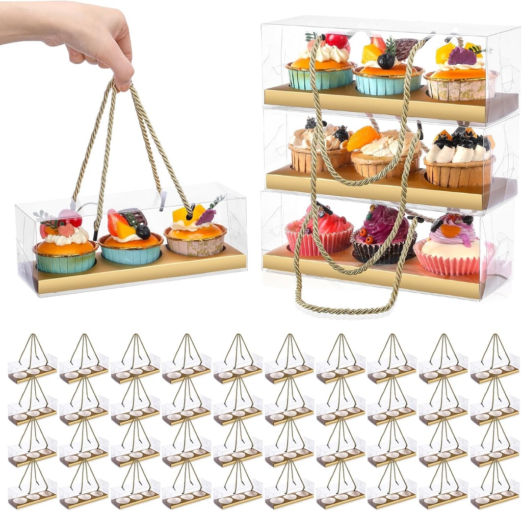 Thenshop 40 Pcs Clear Cupcake Boxes 9 x 3 x 3 Inch Rectangular Cupcake Containers 3 Compartments Pastry Packaging Cookies Gift Box with Rope Handle for Graduation Gifts Birthday Wedding Party(Gold)
