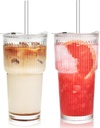 Haundry 20 oz Ribbed Glass Tumbler with Lids and Straws, 2 Pack Iced Coffee Cups, Thickened Glassware Set, Ripple Design Glass Cups for Coffee, Soda, Smoothies, Cocktails and Juice