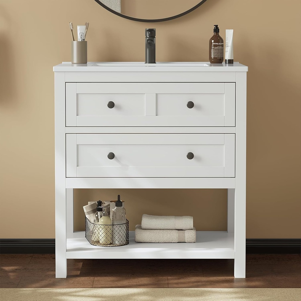 30 Inch Bathroom Vanity with Sink,Modern Bathroom Single Sink Vanity, Bathroom Storage Cabinet with Drawers& Storage Shelf, Solid Surface Solid Surface Composite Top, White