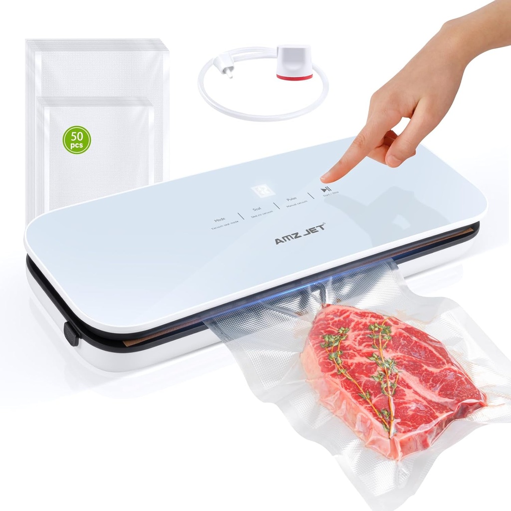 Vacuum Sealer for Food - Tempered Glass Panel, LED Touch Control, Digital Display, Pulse/Moist/Dry/Seal/External Suction Modes, Includes 50 Vacuum Bags & Built-in Cutter(White)