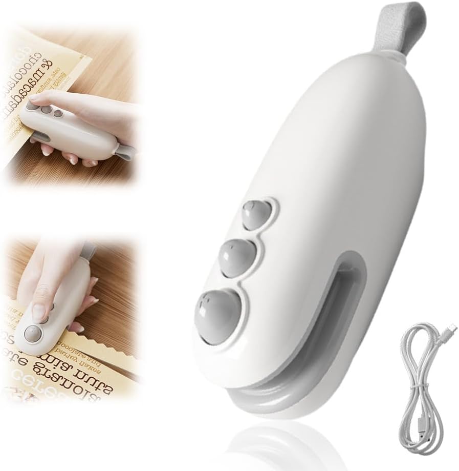 Mini Bag Sealer, 2 in 1 Sealer Rechargeable Mini Bag Sealer and Cutter, Portable Bag Sealer Handheld, Chip Bag Sealer for Plastic Bag Snack Bag Food Storage, Office Kitchen tools (White 1Pcs)
