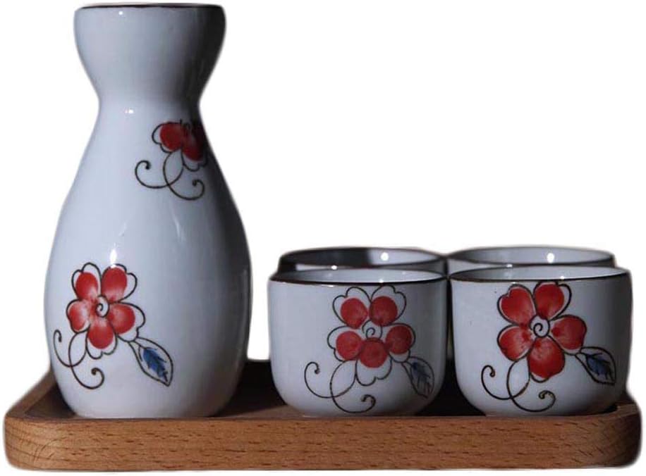 5-Piece Sake Set, Japanese Style Wine Glasses Set with Tray, Unique Underglaze Painting Design, for Cold/Warm/Hot/Shochu/Tea, Best Gift for Family Friends-Dinnerware Sets