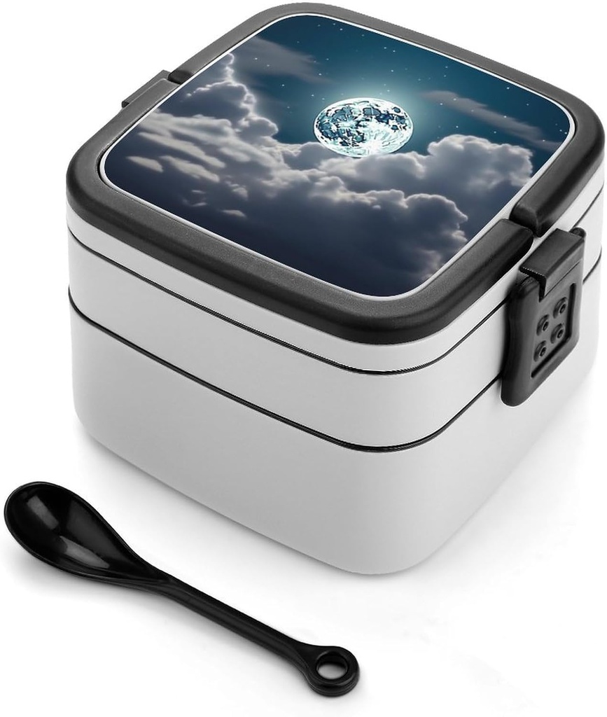 Night Full Moon Bento Box with Spoon, 2-layer Stackable Lunch Box Leak Proof with Invisible Handle, Insulated Food Storage for Office, Picnic & Travel