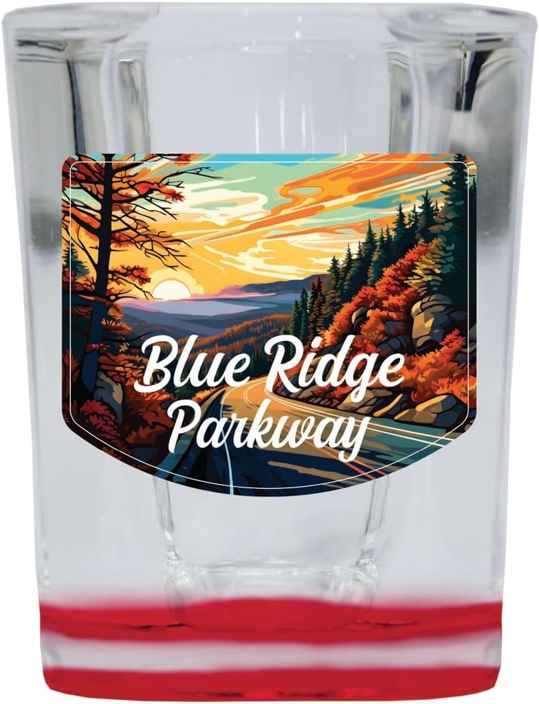 R and R Imports Blue Ridge Parkway Scenic Road Design Souvenir 2 ozShot Glass Square Red Base 4-Pack