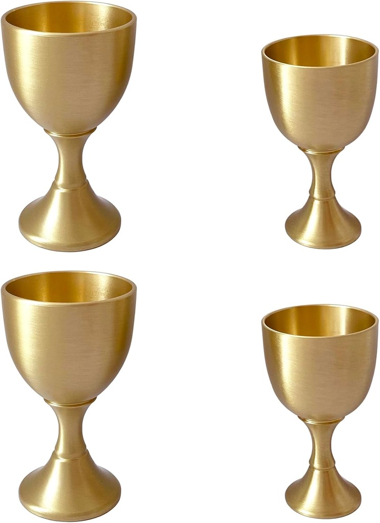 4 pcs Brass Goblets (2 Small + 2 Mini), Gold, Metal Sake Cup, Mini Wine Glasses, Copper Shochu Cup, for Dining, Decoration, Wedding, Party, Anniversary