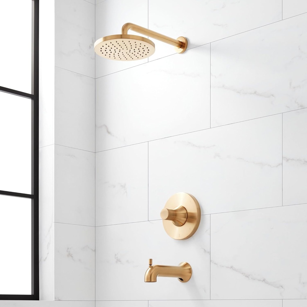 Lentz Pressure Balanced Shower System with Shower Head, Shower Arm, Valve Trim - Rough In Included, Brushed Gold