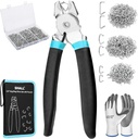 SHALL Bent Hog Ring Pliers Kit with 600pcs Galvanized Hog Rings (3/8’’, 1/2’’, 3/4’’) for Upholstery, Fence, Animal Pet Cages, Bungee Cords, Bagging, Protective Gloves, Storage Case & Bag Included