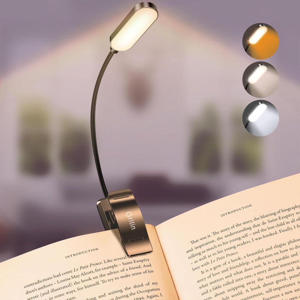 Gritin 16 LED Rechargeable Book Light for Reading in Bed- Eye Caring 3 Color Temperatures, Stepless Dimming Brightness, 80 Hrs Runtime, Lightweight Flexible Clip on Light for Book Lovers